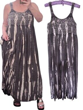 VTG 90s Sleeveless Gray Tie Dye Empire Embroidered Waist Maxi Dress Medium Boho